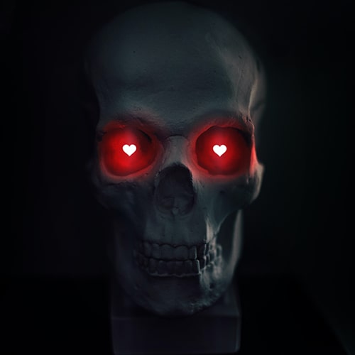 Photo of a skull on a pedestal with glowing red hearts in the eye sockets  - Vadim Sadovski on Unsplash