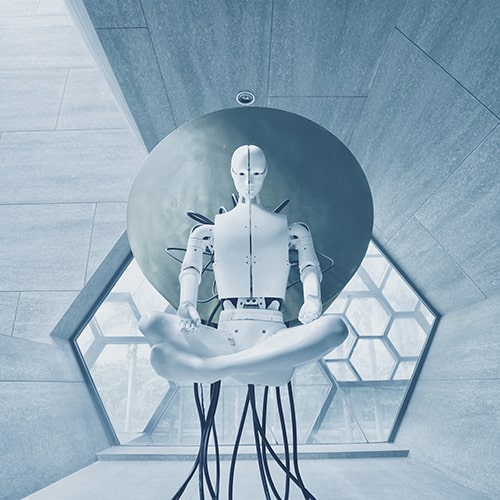 Image of a a humanlike AI figure, floating with crossed legs and wires in its back in an abstract environment - Aideal Hwa on Unsplash