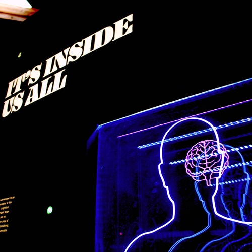 Photo of a layered neon display of the outline/silhouette of a human with the brain underneath, with the words 'It's inside us all' and 'Where is the ECS?' along with a description - Medical information exhibit at the Museum of Weed - Bret Kavanaugh on Unsplash