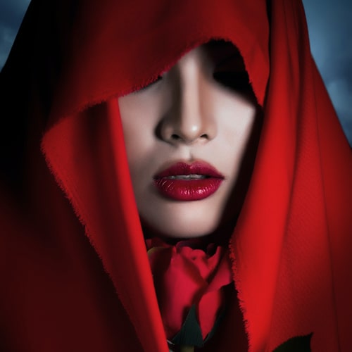 Photo of a woman in a red, hooded cloak holding a red rose up under her chin - Shane Devlin on Unsplash