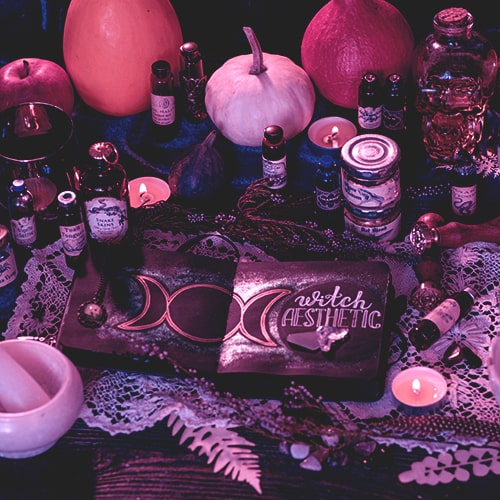 Photo of a witchy scene aesthetic with vial jars with 'witch's brew' ingredient labels, mortar and pesytle, pumpkins, and a book with an illustration of waxing and waning crescents and a full moon with the text 'Witch Aesthetic' - Elena Mozhvilo on Unsplash (edited by me)
