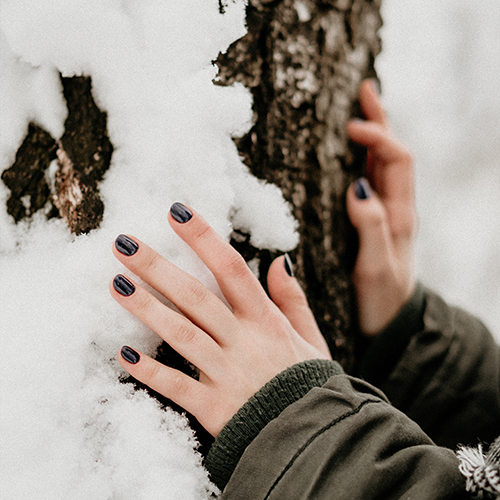 Photo of a woman's hands (with black-painted nails) on the snow-covered bark of a tree